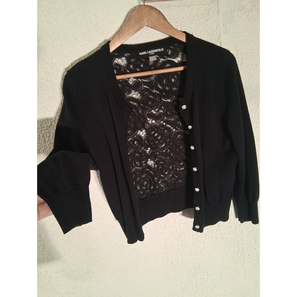 Quiet Luxury Karl Lagerfeld Paris Lace Floral Cardigan Black White Pearl Buttons